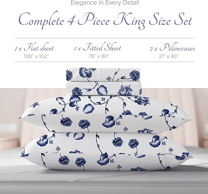 Carressa Linen Luxury Egyptian Cotton King Printed Sheet Set - 600 Thread Count Extra Long Staple 4 PC Set, Blossom Azure King Printed Sheets, Soft, Cooling Sateen Weave Sheets Upto 18 in Deep Pocket