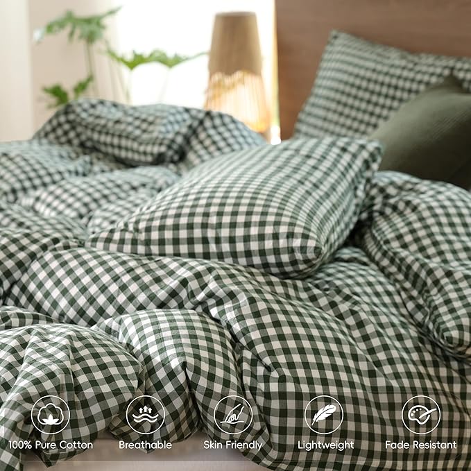 MooMee Gingham Duvet Cover Set 100% Washed Cotton Linen Like Textured Breathable Durable Soft Comfy Modern Checkered Design (Forest Green Gingham, King 104"x90")