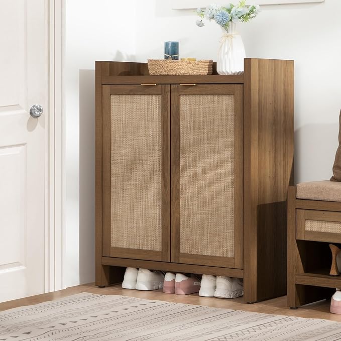 SICOTAS Shoe Cabinet Set of 3, Large Capacity Shoe Storage Organizer Cabinet, Tall Rattan Shoe Cabinet with Doors and Shelves, 6-Tier Farmhouse Boho Wooden Storage Cabinet for Entryway Hallway