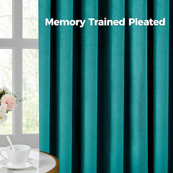 Pinch Pleated 100% Blackout Curtains for Bedroom, Teal Velvet Curtains for Living Room, Black Out Curtain 90 inch Long Room Darkening, Blackout Pinch Pleat Drapes with Hooks 2 Panels