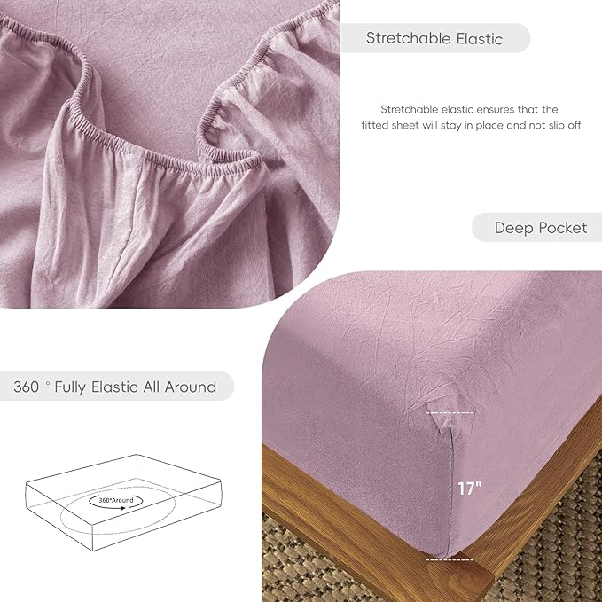 MooMee Fitted Bottom Sheet Only 100% Washed Cotton Linen Like Textured Breathable Durable Soft Comfy Deep Pocket Fits Mattress up to 17" (Light Purple, King)