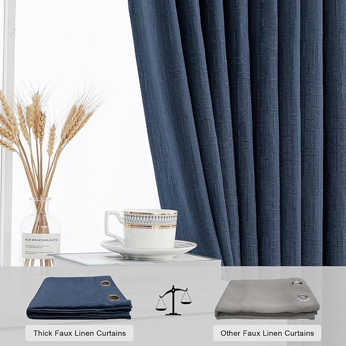 Extra Long Linen Curtains 144 inch Length 2 Panels Thick Faux Linen Blended Window Drapes Burlap Textured Curtains with Grommet for Living Room Farmhouse 12ft (52x144 Navy) Natural