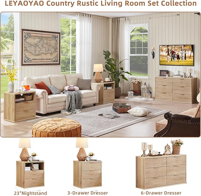 LEYAOYAO 48" Wide Fluted Dresser and 3 Drawers 23" Nightstand Set of 2, Wooden Dresser & Night Stand with Charging Station, 3 Piece Bedroom Furniture Set, Wood Chest of Drawer for Living Room,Natural