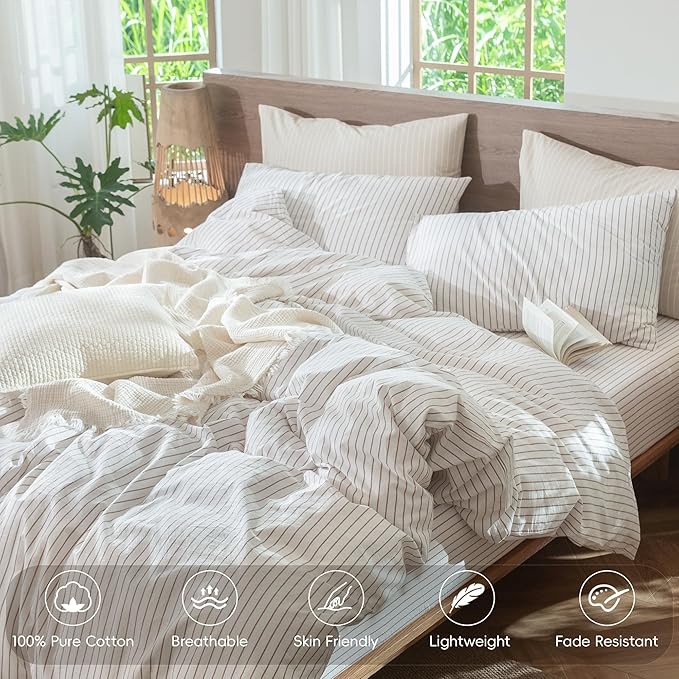 MooMee Striped Duvet Cover Set 100% Washed Cotton Linen Like Textured Breathable Durable Soft Comfy (White Orange Wide Stripes, Queen 90"x90")