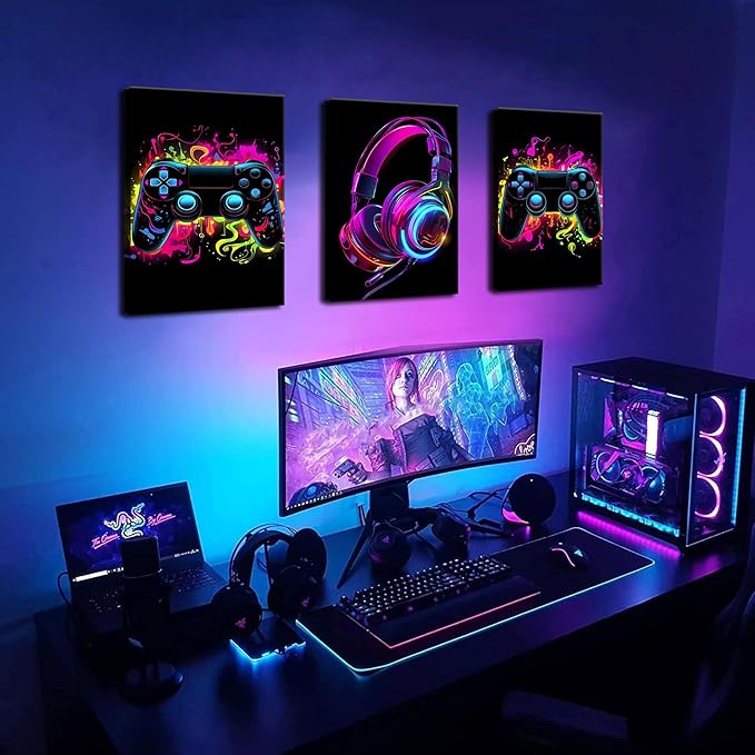 BGFCE Game Room Decor Set of 3, Neon Gaming Video Game Room Wall Art, Gaming Canvas Paintings Posters Prints for Teen Boys Room Children Teen Wall Decor Framed 12x16 in