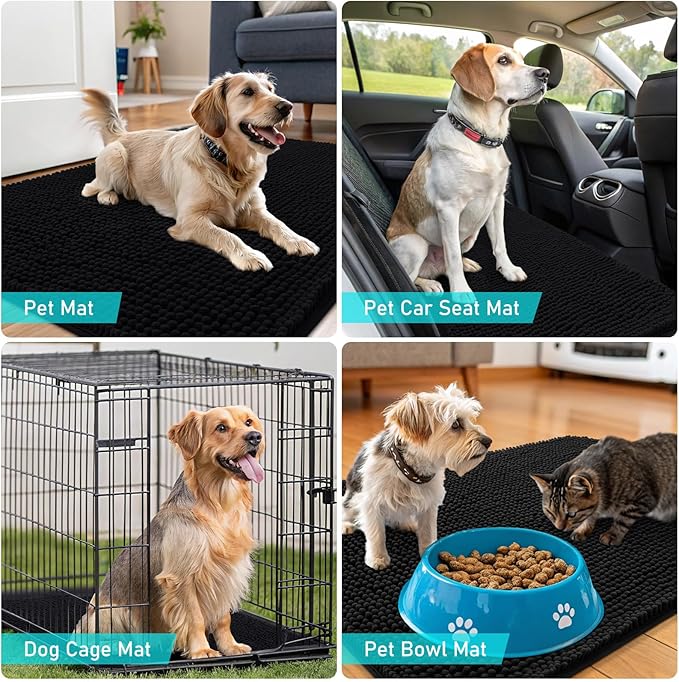 OLANLY Dog Door Mat for Muddy Paws 70x46, Absorbs Moisture and Dirt, Absorbent Non-Slip Washable Doormat, Quick Dry Chenille Mud Mat for Dogs, Entry Indoor Entryway Carpet for Inside Floor, Black
