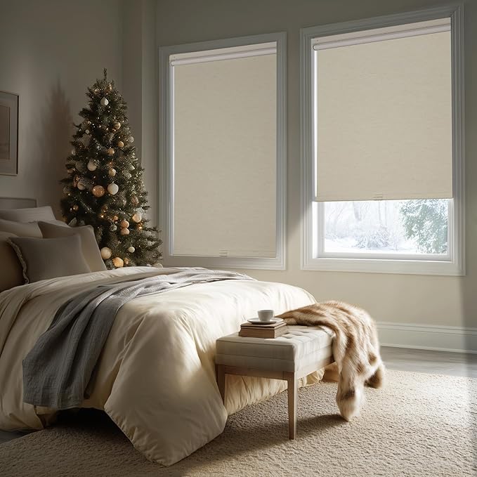 HESTIA No Drill Cordless Blackout Roller Shades Screwless Waterproof Shower Window Blinds, Auto-Retraction Easy Install Blind for Bedroom/Living Room/Kitchen, Cream Linen, 35.5" W x 54" H