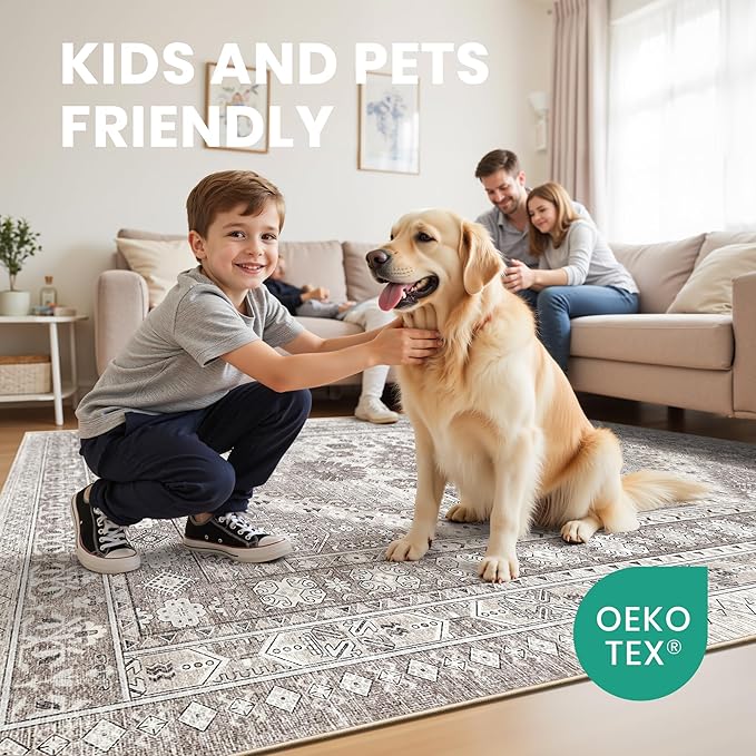 zesthome 9x12 Area Rugs,Stain Resistant Washable Rug,Ultra-Thin Rugs for Living Room,Bedroom,Non-Slip Backing Home Decor Large Area Rug (Brown/Beige,9'x12')
