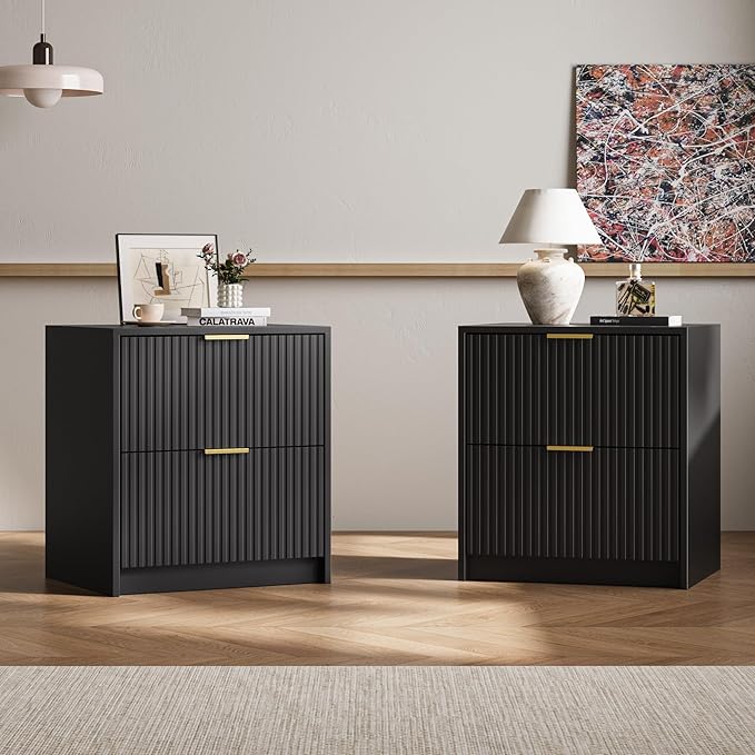 3-Piece Dresser Bedroom Set, 7 Drawer Dresser & 2 Drawer Nightstands with Gold Handles, Fluted Wood Chest of Drawers for Bedroom, Living Room, Entryway, Black