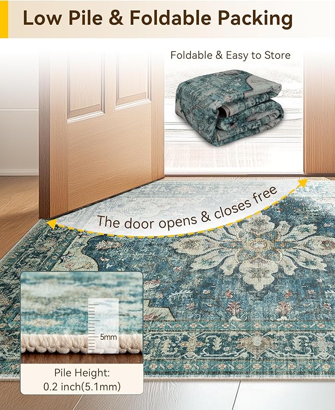 Area Rugs Square 7ft Washable Non-Slip, Floral Vintage Distress Print Pattern Medallion Carpet for Living Room Bedroom Dining Room, Dark Blue Vintage
