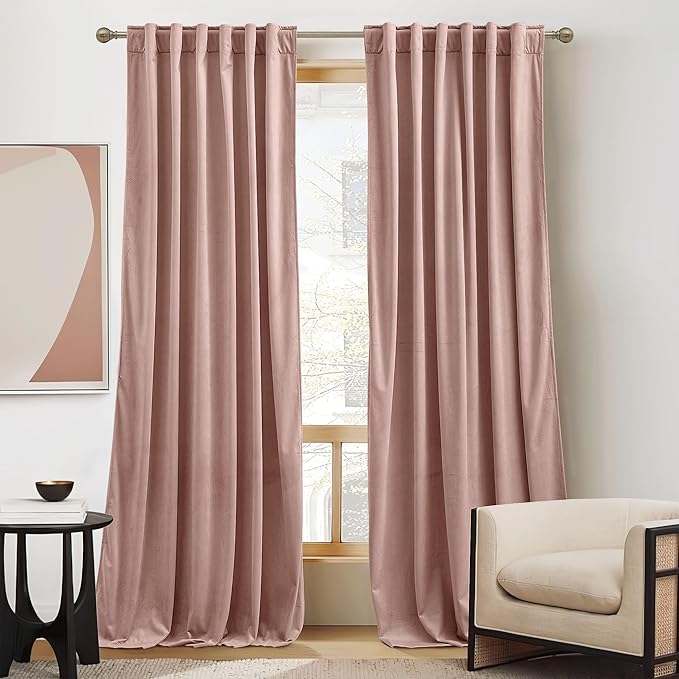 RYB HOME Velvet Curtains 72 inches Length, Back Tab & Rod Pocket Soft Fabric Curtains & Drapes for Home Office Attic Cafe Basement, Dusty Pink, W 52 x L 72, 2 Panels Set