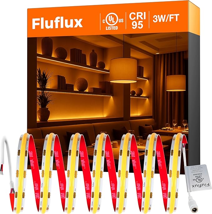 Candlelight COB LED Strip Lights 2400K, 3W/FT, 16.4FT 24V LED Tape Light with 3M VHB Backing, CRI 95, UL Listed, Cuttable, Dimmable, Bendable for Bars, Restaurants, Relaxing (NO Power Supply)