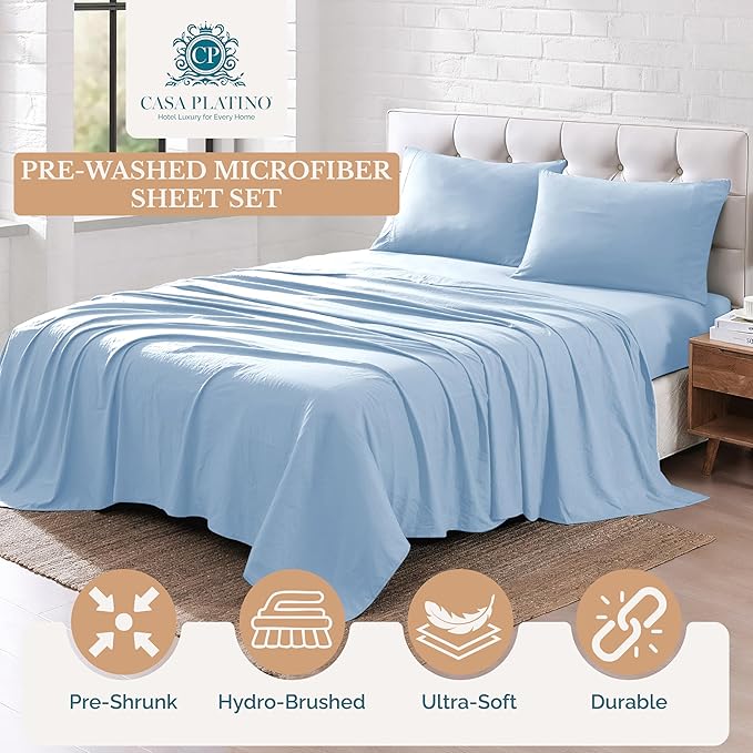 Casa Platino King Size Bedsheets – 4 Piece Set, Ultra Soft & Breathable Microfiber Bedding, Pre-Washed Brushed Microfiber, Deep Pocket King Sheet Set, Fits Mattress up to 15" Deep - French Blue