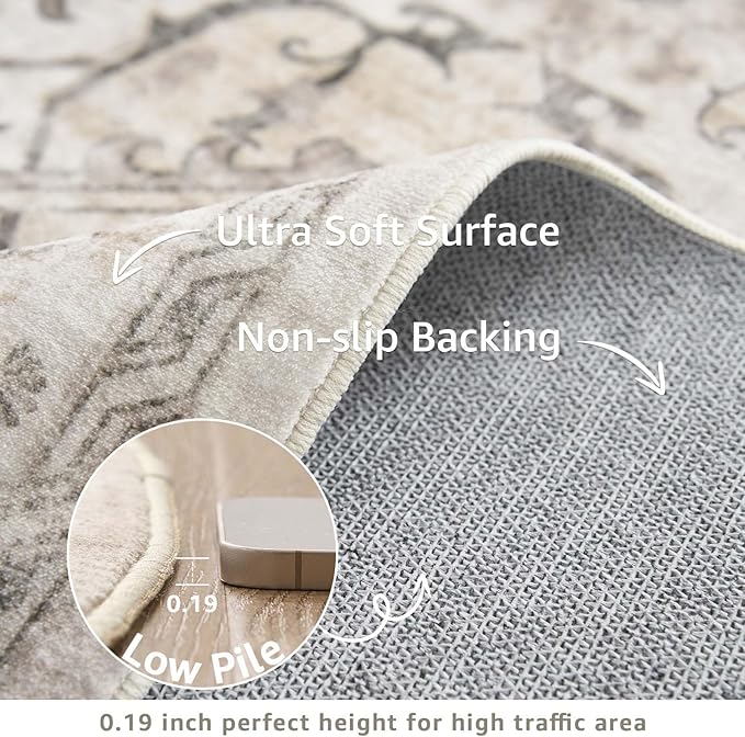 jinchan Round Rug 7ft Area Rug Vintage Floor Mat Kitchen Indoor Ultra-Thin Soft Floral Print Washable Circle 7' Accent for Farmhouse Non Slip Dining Room Living Room Bedroom Office Taupe