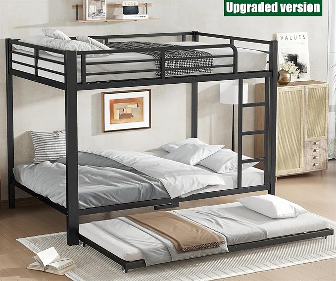 LUCALEO Stronger & Truly Reinforced Heavy Duty Metal Bunk Bed Full Over Full Size Bunkbed, Thickened More Stable & Safer Steel Bunk Bed Frame with Twin Size Trundle (Greater Weight Capacity)