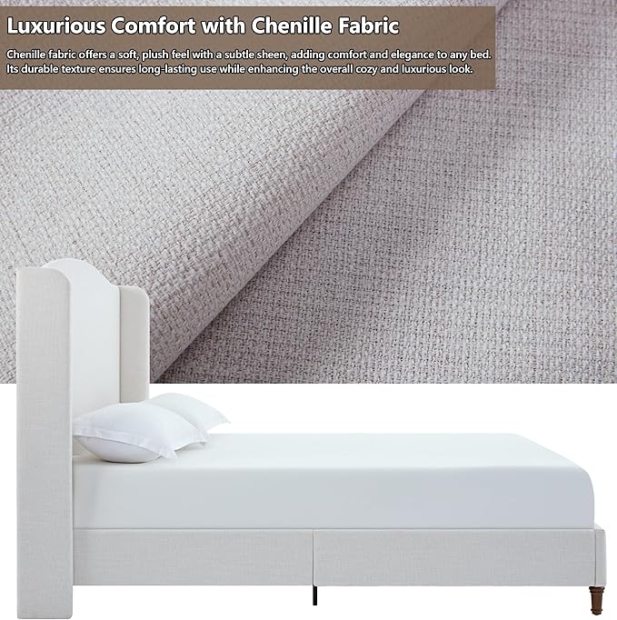 Queen Size Bed Frame with 54" Extra Tall Headboard - Luxury Chenille Upholstered Wingback Platform Bed, 1000lbs Heavy Duty, No Box Spring Needed(Ivory White Chenille Camelback,Queen)