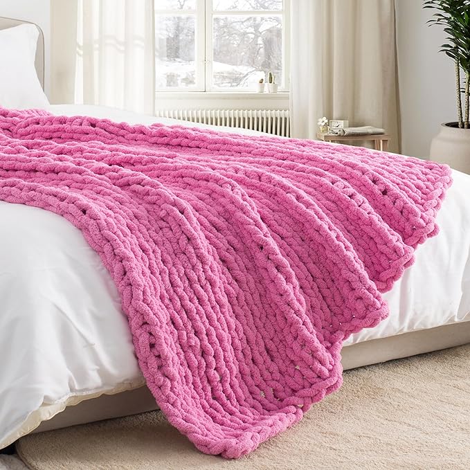Chunky Knit Throw Blanket 50"X 60", 100% Handmade with Soft Chenille Yarn, 4.4lbs Thick Cable Knitted Blankets, Large Rope Knot Crochet Throws for Couch Sofa Bed Home Decor, Hot Pink