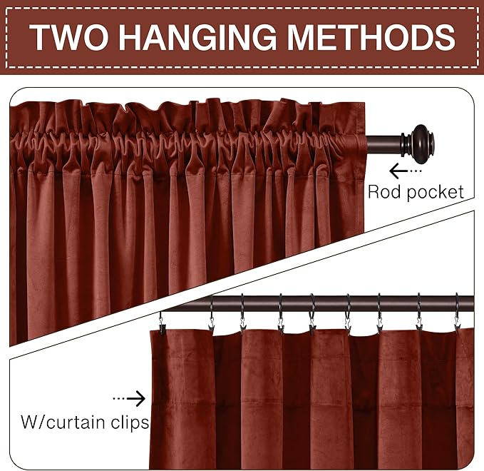 StangH Rust Curtains Velvet - Elegant Rod Pocket Sunlight Blocking Thermal Insulated Home Decoration for Living Room/Guest Room/Baby Nersury, Rust, W52 x L96, 2 Panels