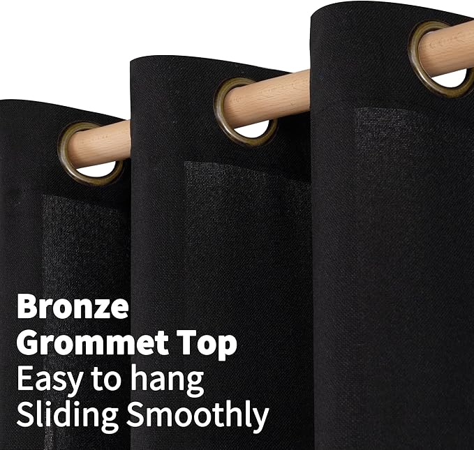 YoungsTex Black Linen Curtains 63 Inches Length for Living Room, Semi Sheer Drapes with Bronze Grommet Light Filtering Privacy for Bedroom Gothic Decorative, 42 x 63 Inch, 2 Panels