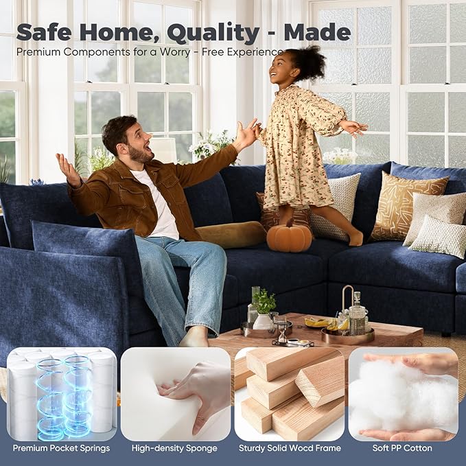 ABCASA 103.5" Oversized Modular Sectional Sofa, L Shaped Convertible Couch with Movable Ottoman, Large 6 Seat Corner Couches for Living Room Deep Seat- Blue Chenille