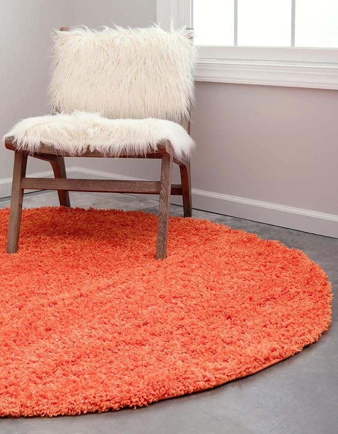 Unique Loom Solid Shag Collection Area Rug (7' 1" Round, Tiger Orange)