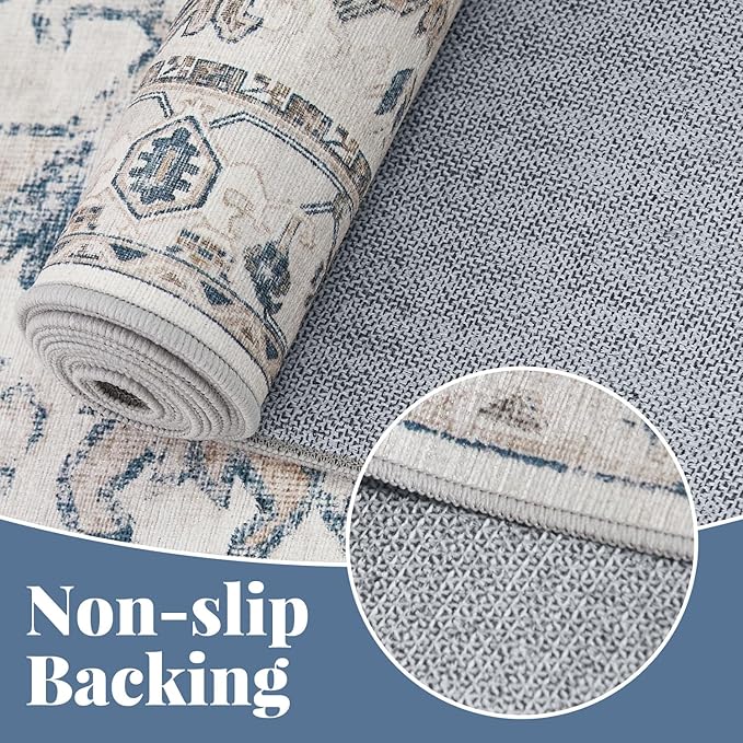 jinchan Lima 6x9 Machine Washable Area Rugs for Living Room - Vintage Floral Stain Resistant Low Pile Ultra-Thin Non Slip Accent Rug for Bedroom Kitchen Dining Room Home Office (6x9ft, Blue)