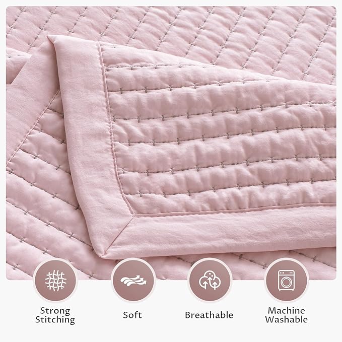 KASENTEX Queen Quilt Set 90"x90" – Soft Washed 3-Layer Lightweight Bedspread, Minimalist Nordic Design, All-Season Spring & Summer Quilt Set (1 Quilt + 2 Pillow Shams), Pink