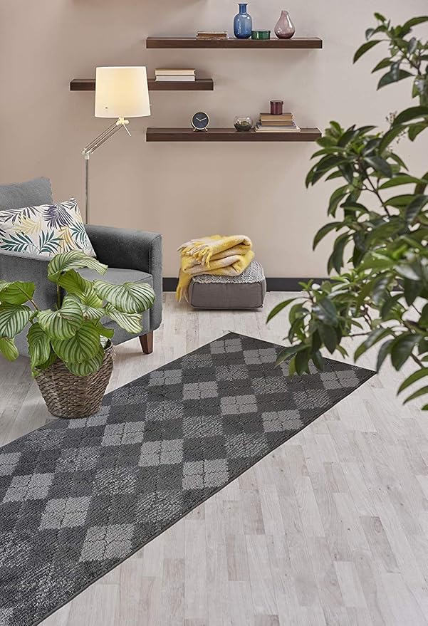 Custom Length Hallway Runner Rug,Slip Resistant,Squares Anthracite, 26 Inch X 9 feet, Sold and Priced Per Foot