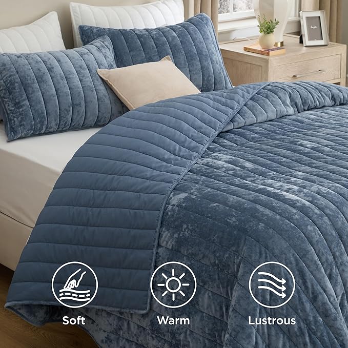 Bedsure Velvet Quilt King Size Set - 108"x96" Lightweight Velvet Comforter King, Oversized Luxury Bedspread Coverlet, Ultra-Soft Winter Bedding Set with 2 Pillow Shams, Blue