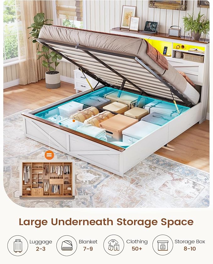 AOGLLATI Farmhouse Bed Frame Queen Size with Lift Up Storage & Hidden Bookcase Storage Headbord, Wood Queen Bed Frame with Charging Station, Led Lights, No Box Spring Needed, Antique White
