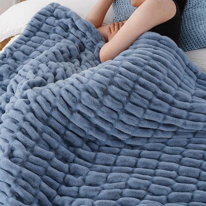 BATTILO HOME Faux Fur Throw Blanket for Couch, Super Soft Cozy Blanket, Double Sided Ruched Rabbit Faux Fur Blanket for Bed, Living Room, 50"x60", Bluish Grey