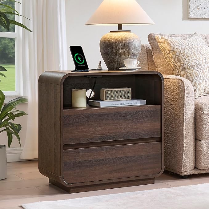 Curved Nightstand Set of 2 with Charging Station, 23.2" Wide Wood Bedside Table 2 Storage Drawers, Modern Side Table Handleless End Table, Walnut Night Stand for Bedroom, Office