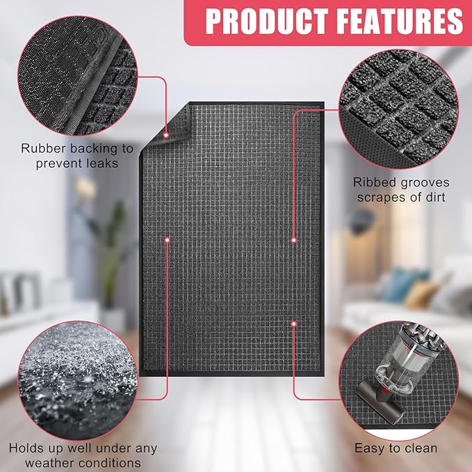 Kuyal Front Door Mat, 3'*5' Door Mat for Inside Outside Entrance,Waterproof Welcome Mats with Non-Slip Backing, Indoor Outdoor Entryway, Commercial Floor Mats, Durable & Easy to Clean, Dark Gray
