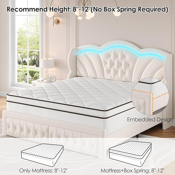 Keyluv Queen Bed Frame with LED Lights and 2 Storage Drawers, Velvet Upholstered Platform with 47" Tall Arc-Shaped Wingback Headboard and Button Tufted Design, No Box Spring Needed, Noise-Free, Beige