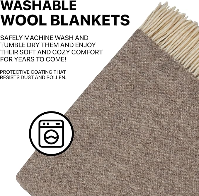| Wool Blanket/Throw | 100% New Zealand Wool | Perfect for Home and Outdoors | Virgin Wool Throw with Fringes 67"x79" (170 x 200 cm)
