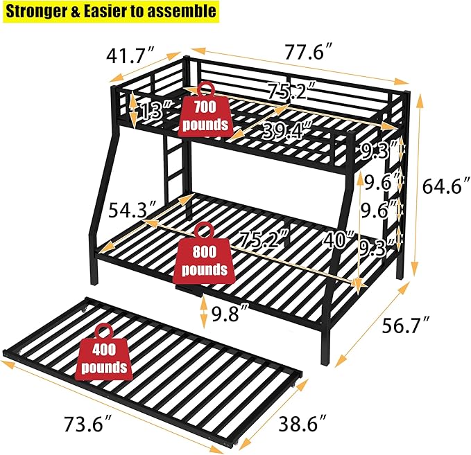 LUCALEO Stronger & Truly Reinforced Heavy Duty Metal Bunk Bed Twin Over Full Size Bunkbed, Thickened More Stable & Safer Steel Bunk Bed Frame with Twin Size Trundle (Greater Weight Capacity)