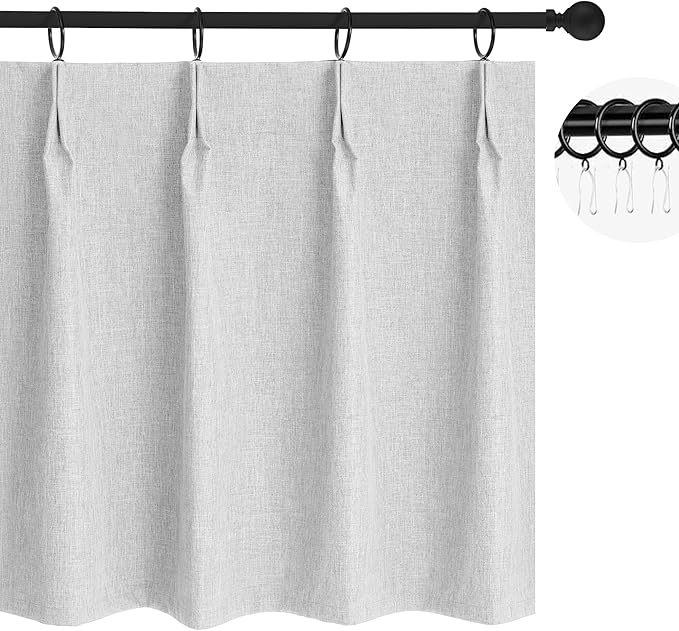 WdFour 24x36 Inch Pinch Pleated Blackout Cafe Curtains - Pack of 2, 100% Light Blocking Back Tab Drapes for Half Windows, Kitchen & Bathroom Short Curtains (Greyish White)