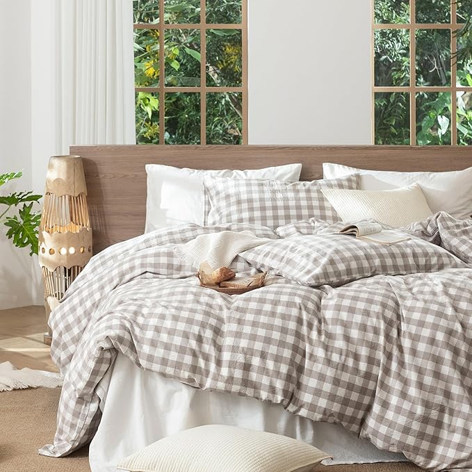 MooMee Gingham Duvet Cover Set 100% Washed Cotton Linen Like Textured Breathable Durable Soft Comfy Modern Checkered Design (Buffalo Plaid Tannish Linen Grey, Oversized Full 82"x86")