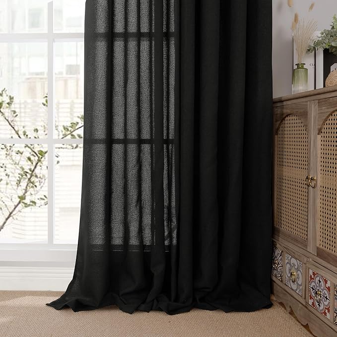YoungsTex Linen Black Curtains 84 inch Length 2 Panels for Living Room, Light Filtering Drapes with Bronze Grommet Semi Sheer Gothic Decorative for Dining Bedroom, 52 X 84 Inch