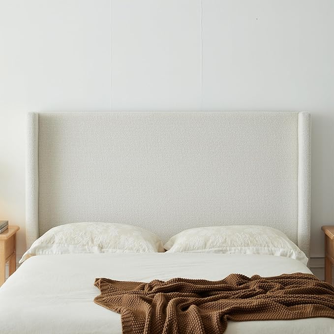 King Size Upholstered Platform Bed Frame, 53.1" Tall Headboard Hosford Wingback Bedframes, Wood Base Floor Beds, No Box Spring Needed, No Noise, Minimalist, Cream White Boucle