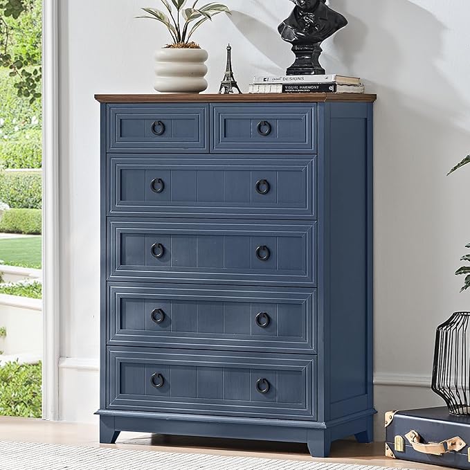 Bedroom Dresser and Nightstand Sets 4 Piece, Farmhouse 6 Drawers Dresser & 40.5" Tall Chest of Drawers, 18" Nightstands Set of 2, 54" Wide Furniture Dressers for Bedroom, Living Room, Blue