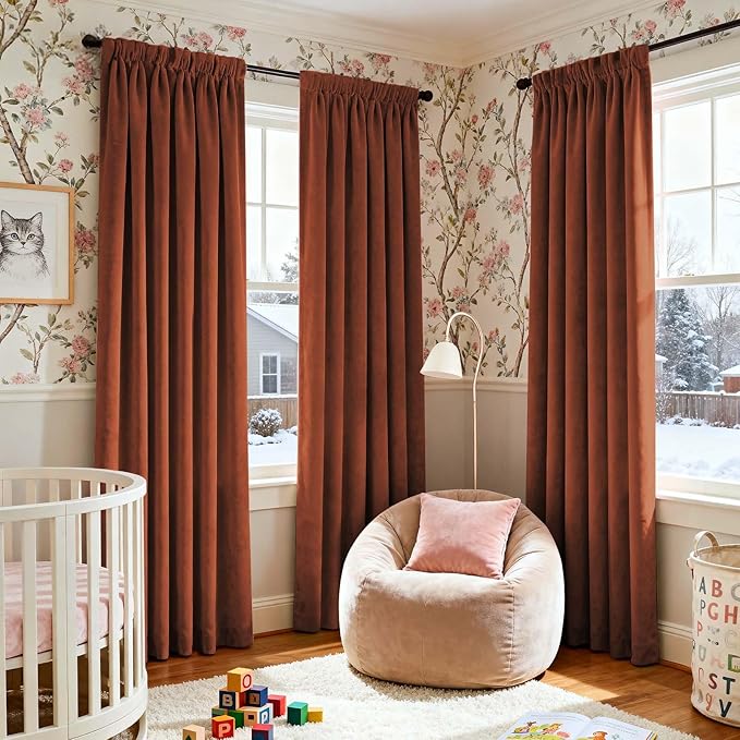 Lazzzy Burnt Orange Velvet Blackout Curtains 90 Inches Long Thermal Insulated Room Darkening Curtain Drapes Luxury Back Tab Window Treatments for Bedroom Living Room 2 Panels, 52 x 90 Inch, Caramel
