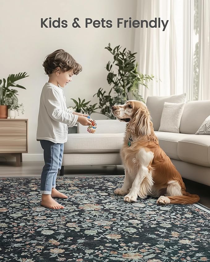 AMADA HOMEFURNISHING Area Rugs 9x12, Washable Floral Rug Non Slip Large Living Room Rug Vintage Distressed Soft Carpet for Bedroom, Dinning Room, Home Office