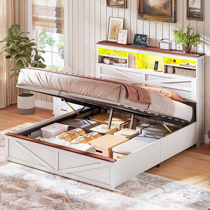 AOGLLATI Farmhouse Full Size Bed Frame with Lift Up Storage & Hidden Bookcase Storage Headbord, Wood Bed Frame Full with Charging Station, Led Lights, No Box Spring Needed, Antique White
