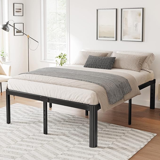 Hunlostten 14in High Queen Bed Frame No Box Spring Needed, Heavy Duty Metal Platform Bed Frame Queen Size with Round Corners, Easy Assembly, Noise Free, Black