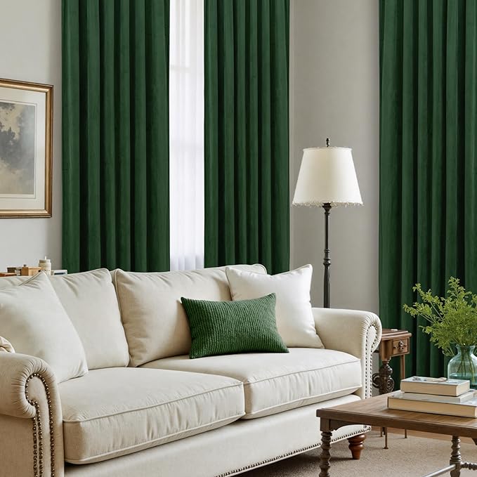 LAMIT Emerald Green Velvet Curtains 96 Inch for Living Room, Thermal Insulated Room Darkening Drapes Noise Reducing Back Tab and Rod Pocket Christmas Panels for Bedroom, Set of 2 Panels, 52 x 96 Inch