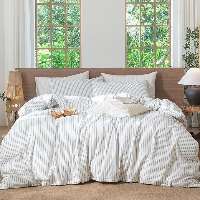 MooMee Striped Duvet Cover Set 100% Washed Cotton Linen Like Textured Breathable Durable Soft Comfy (White Heathered Green Wide Stripes, Alaska King 132"x120")