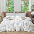 MooMee Striped Duvet Cover Set 100% Washed Cotton Linen Like Textured Breathable Durable Soft Comfy (White Heathered Green Wide Stripes, Palatial King/Oversized King 120"x98")