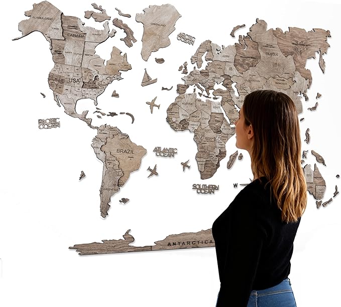 Handmade 3D Wood World Map Wall Art Large Wall Decor Track Your World Travels - Special for Home, Kitchen and Office (X-Large, Terra)