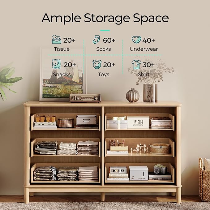 LINSY Rattan 6 Drawer Dresser for Bedroom, 54" Wide Mid-Century Modern Tall Chest of Drawers, Deep Storage Dresser with Curved Corner Design, Large Accent Wood Cabinet for Bedroom, Oak